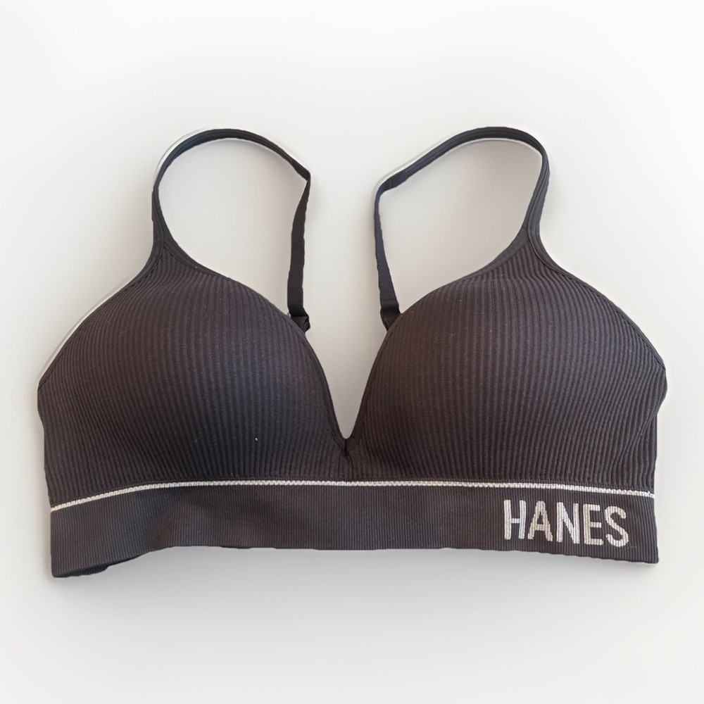 Hanes Contour Wireless Bra Women Large Black Padded Adjustable Ribbed Casual